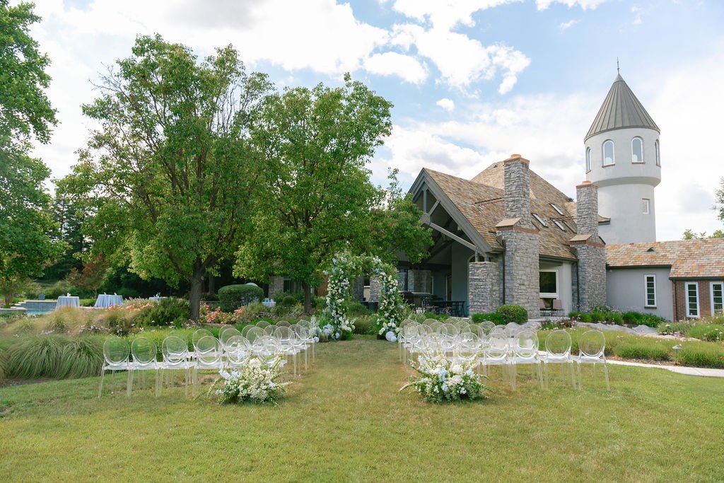 A ceremony set on the lawn with the castle behind